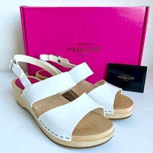 New 6 SWEDISH HASBEENS Helena Clog Sandals Leather Wooden Clogs Wedges Open Toes